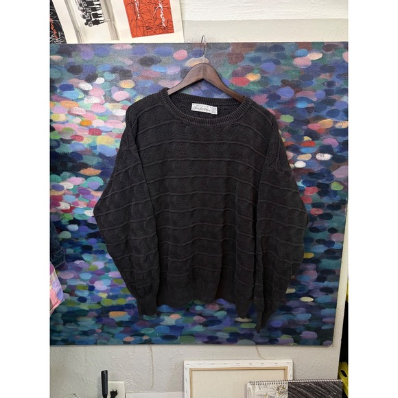 Vintage Saks Fifth Avenue Mens XL Cotton Textured Knit Sweater Charcoal Grey USA - Picture 1 of 6
